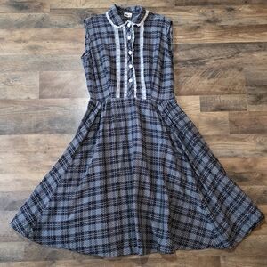 Vintage 60's Women's Basila Black Plaid Ruffle Lace Sheer Swing Dress Size 18